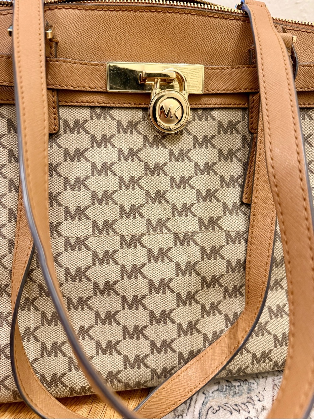 Michael Kors Beige and Tan MK Monogram Tote - Picture 5 of 8